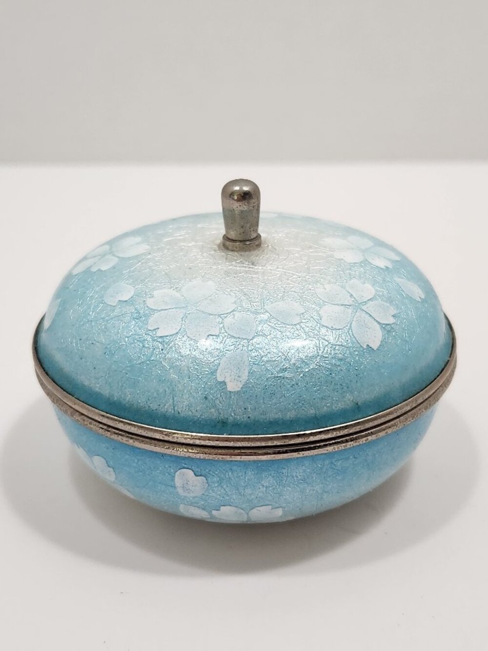 Vintage Japanese Enamel Cloisonné Trinket Box W/ Cherry Blossoms